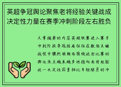 英超争冠舆论聚焦老将经验关键战成决定性力量在赛季冲刺阶段左右胜负走向