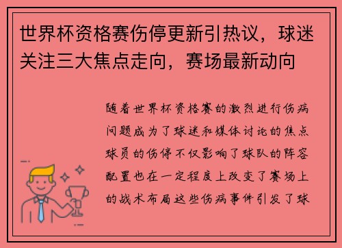 世界杯资格赛伤停更新引热议，球迷关注三大焦点走向，赛场最新动向